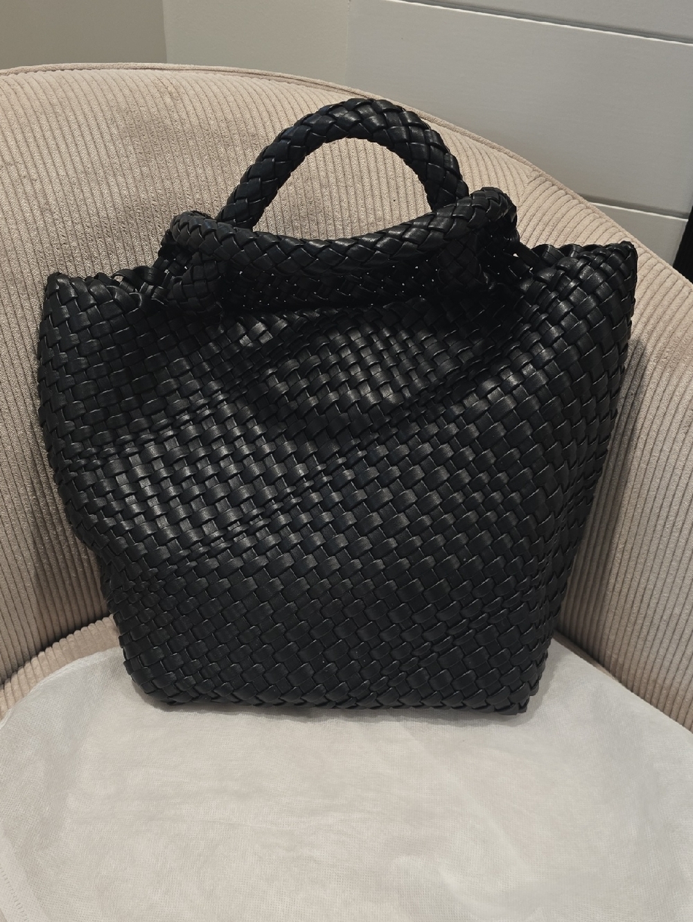 Woven Leather Tote Bag - Black